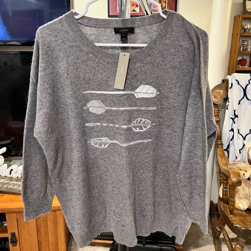 J. Crew Gray Crew Neck Sweater with Arrow Design